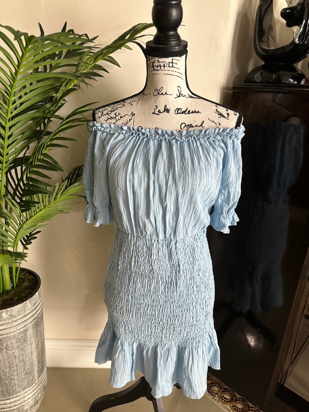 SHEIN Light Blue Off-Shoulder Smocked Mini Dress